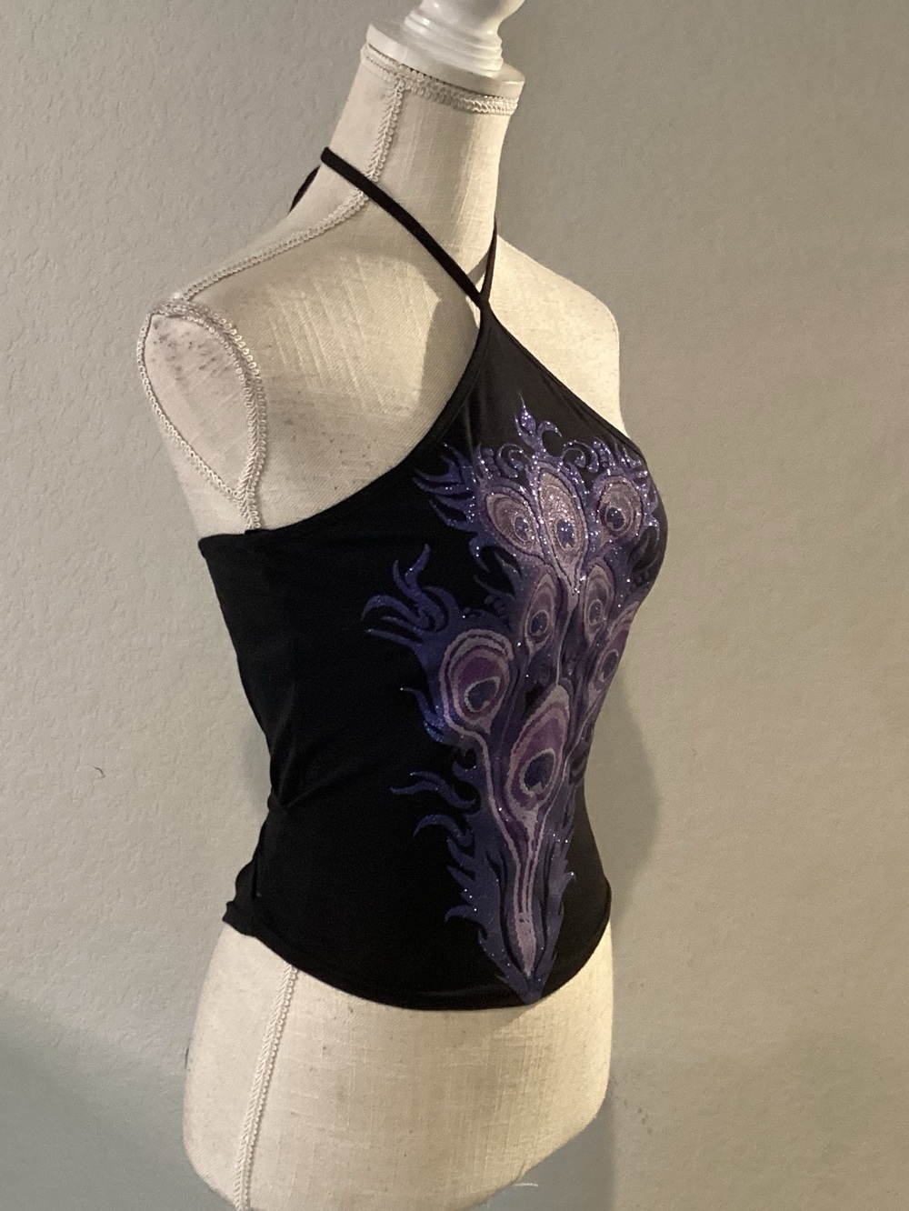 Morgan de Toi Black Halter Camisole with Purple Peacock Motif
